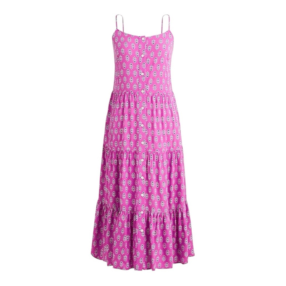 J. CREW Festive Pink Baltic Blu Strappy Tiered Midi Dress Size 00 NWT